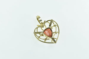 14K Vintage Pear Garnet Diamond Caged Heart Love Pendant Yellow Gold