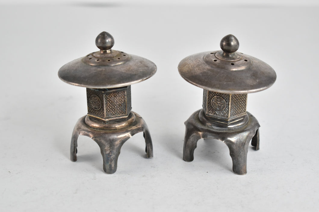 Sterling Silver Antique Salt Pepper Shakers Japanese Lantern Set (2 pcs)