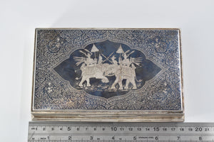 Sterling Silver Elaborate Siamese Elephant Battle Scene Wood Lined Box