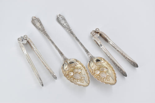 Silver Plated 1870's J Sherwood & Sons Nut Cracker & Spoon Set (4 pcs)