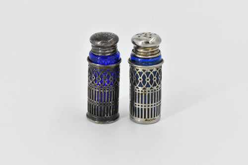 Sterling Silver Vintage Cobalt Glass Filigree Salt Pepper Shaker Set