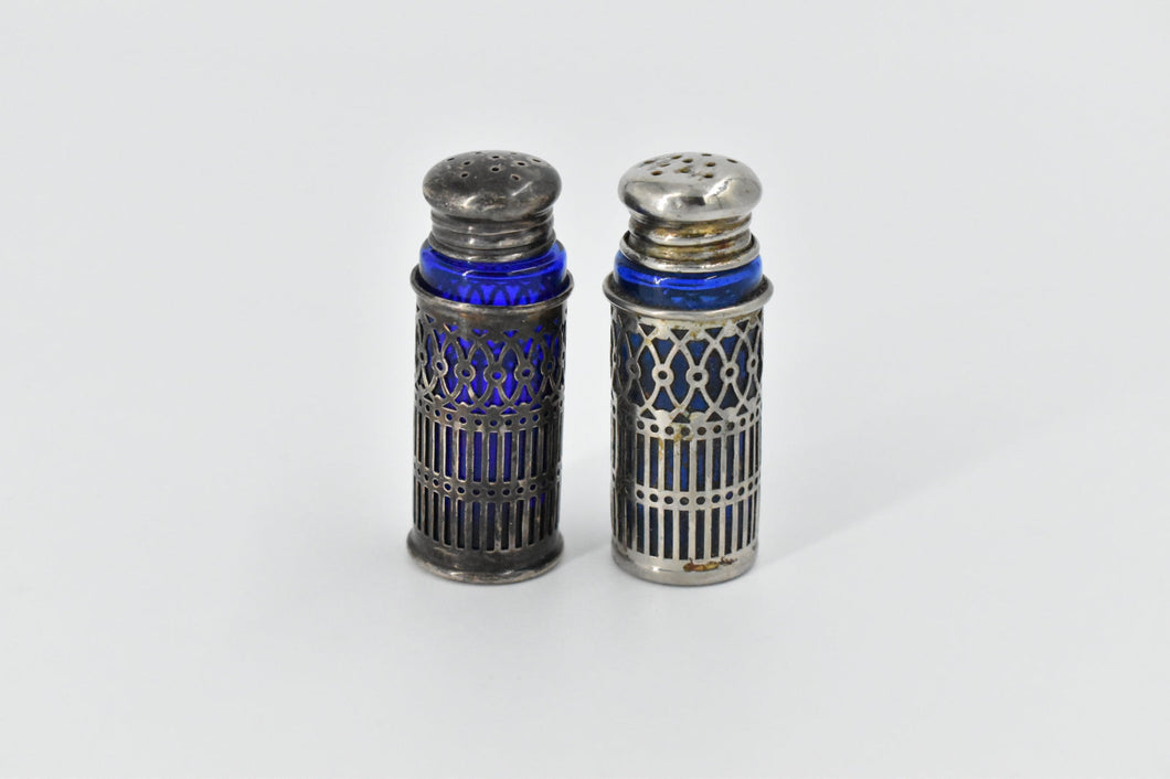Sterling Silver Vintage Cobalt Glass Filigree Salt Pepper Shaker Set