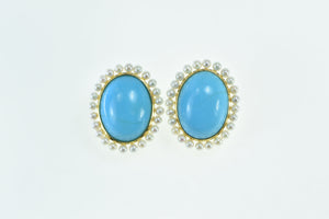 18K Oval Turquoise Seed Pearl Halo Vintage French Clip Earrings Yellow Gold