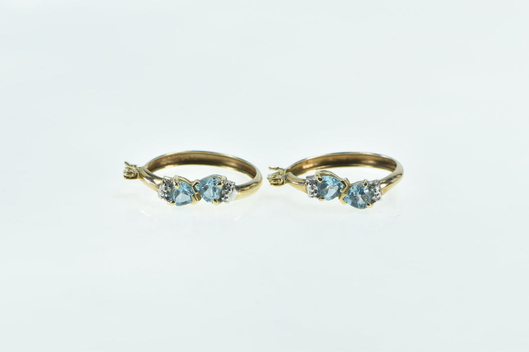 10K 24.5mm Heart Cut Blue Topaz Diamond Hoop Earrings Yellow Gold