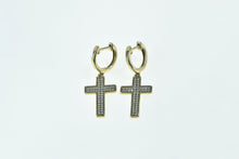 Load image into Gallery viewer, 10K Diamond Encrusted Cross Dangle Huggies Hoop Earrings Yellow Gold