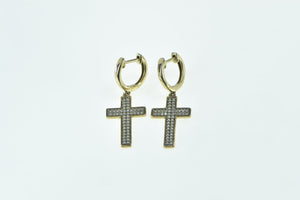 10K Diamond Encrusted Cross Dangle Huggies Hoop Earrings Yellow Gold