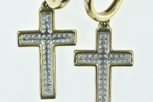 Load image into Gallery viewer, 10K Diamond Encrusted Cross Dangle Huggies Hoop Earrings Yellow Gold