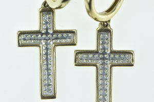 10K Diamond Encrusted Cross Dangle Huggies Hoop Earrings Yellow Gold