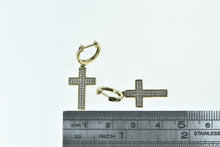 Load image into Gallery viewer, 10K Diamond Encrusted Cross Dangle Huggies Hoop Earrings Yellow Gold