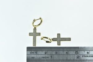 10K Diamond Encrusted Cross Dangle Huggies Hoop Earrings Yellow Gold