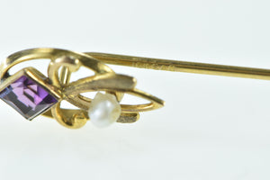 10K Victorian Ornate Amethyst Seed Pearl Statement Stick Pin Yellow Gold