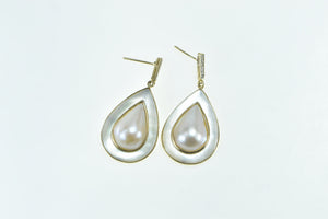 14K Pear Mother of Pearl Diamond Vintage Dangle Earrings Yellow Gold