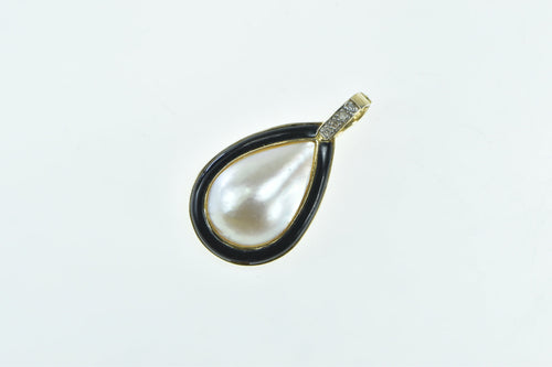 14K Pear Mother of Pearl Diamond Black Onyx Drop Pendant Yellow Gold