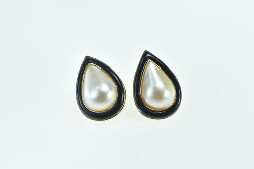 14K Pear Mother of Pearl Black Onyx Stud Earrings Yellow Gold