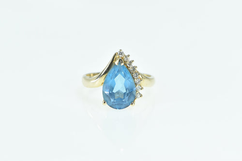 14K Pear Blue Topaz Diamond Vintage Statement Ring Yellow Gold