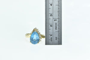 14K Pear Blue Topaz Diamond Vintage Statement Ring Yellow Gold