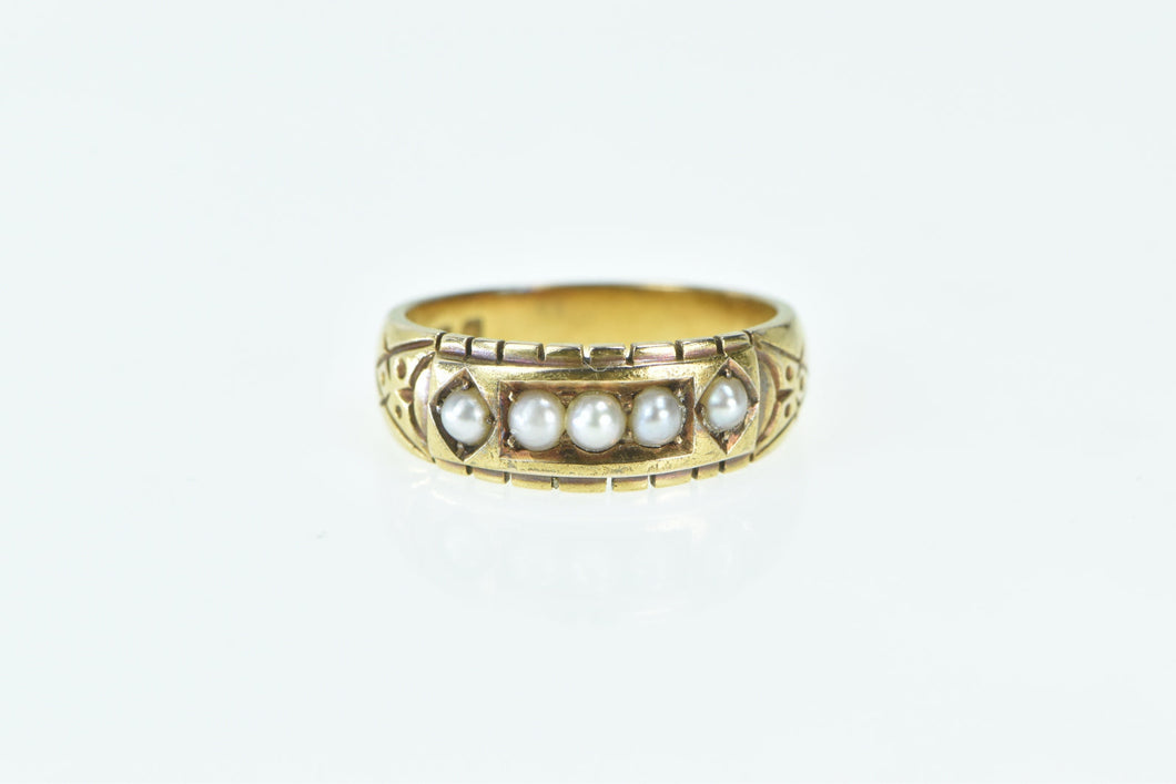 15K 1883 Victorian Ornate Pearl SB&S Band Ring Yellow Gold