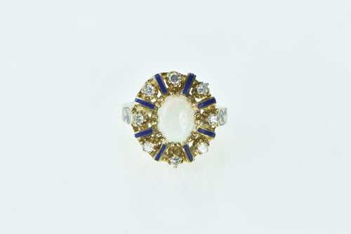 14K Natural Opal Diamond Halo Enamel Cocktail Ring Yellow Gold