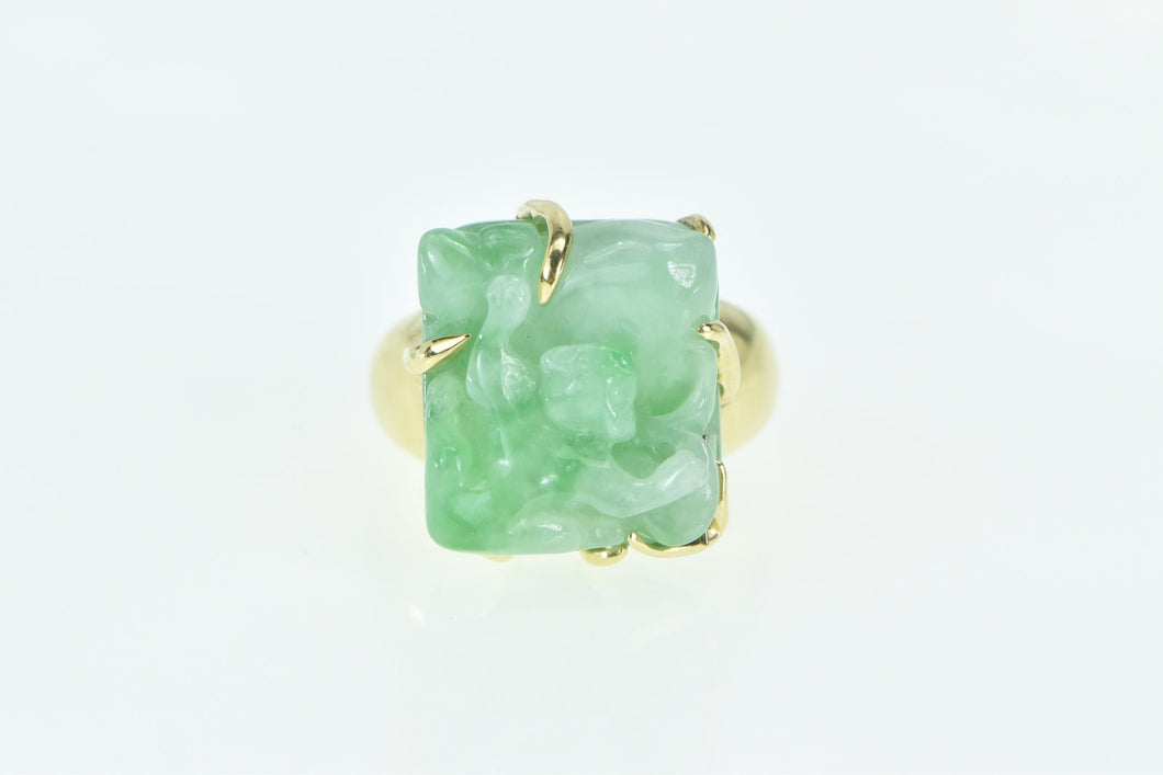 18K Elaborate Carved Jade Lemur Monkey Statement Ring Yellow Gold