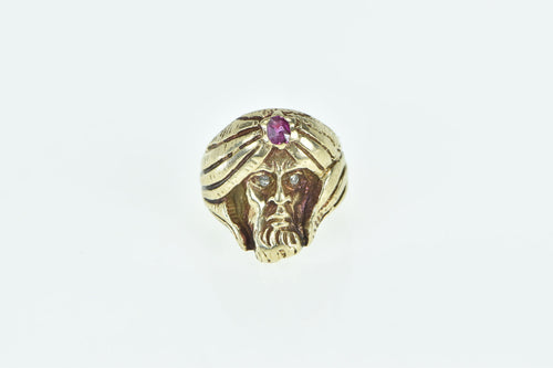 14K Diamond Eyed Ruby Turban Jafar Statement Ring Yellow Gold