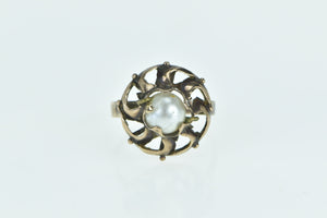 8K Victorian 7.6mm Pearl Swirl Ornate Cocktail Ring Yellow Gold