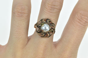 8K Victorian 7.6mm Pearl Swirl Ornate Cocktail Ring Yellow Gold