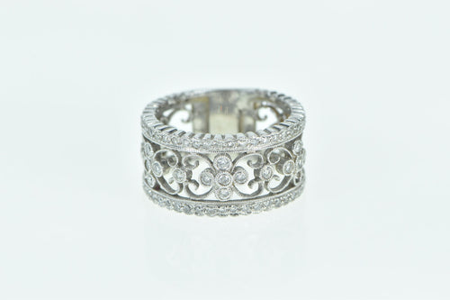 14K Ornate Diamond Scroll Filigree Statement Band Ring White Gold