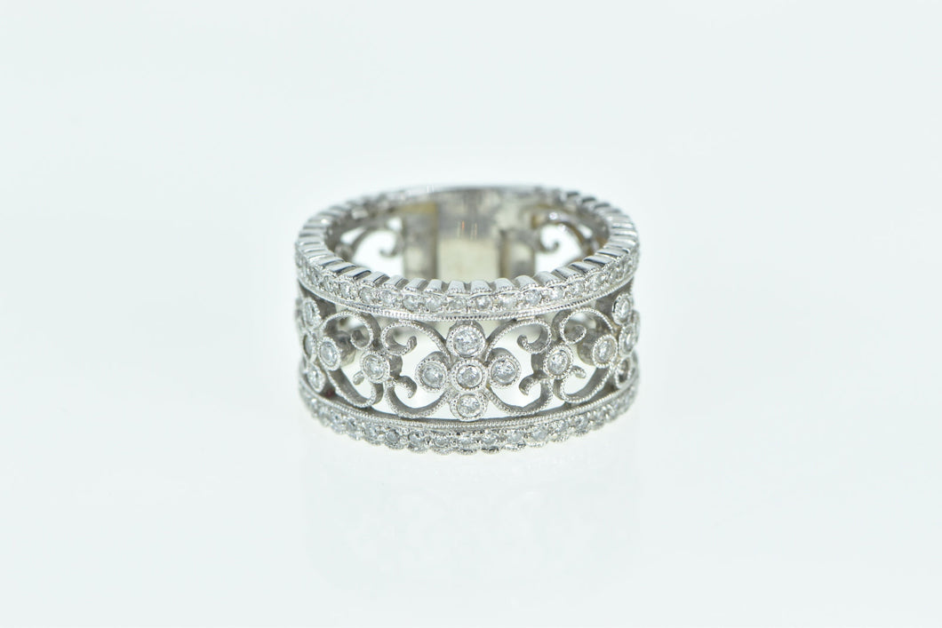 14K Ornate Diamond Scroll Filigree Statement Band Ring White Gold