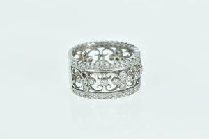 14K Ornate Diamond Scroll Filigree Statement Band Ring White Gold