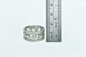 14K Ornate Diamond Scroll Filigree Statement Band Ring White Gold