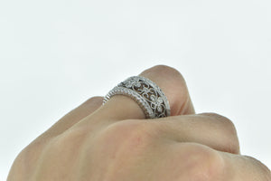 14K Ornate Diamond Scroll Filigree Statement Band Ring White Gold