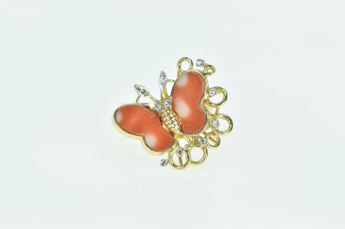 14K Vintage Coral Diamond Butterfly Statement Ring Yellow Gold