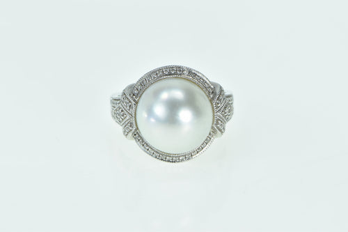 14K Ornate Vintage Pearl Diamond Halo Statement Ring White Gold