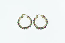 Load image into Gallery viewer, 14K 22mm Ruby Emerald Sapphire Vintage Hoop Earrings Yellow Gold