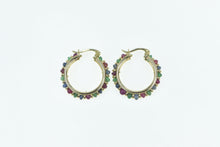 Load image into Gallery viewer, 14K 22mm Ruby Emerald Sapphire Vintage Hoop Earrings Yellow Gold