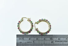 Load image into Gallery viewer, 14K 22mm Ruby Emerald Sapphire Vintage Hoop Earrings Yellow Gold