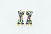 Load image into Gallery viewer, 14K 2 Tone Sapphire Emerald Diamond Ruby X Hoop Earrings Yellow Gold