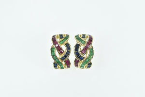 14K Ruby Emerald Sapphire Braid Woven French Clip Earrings Yellow Gold