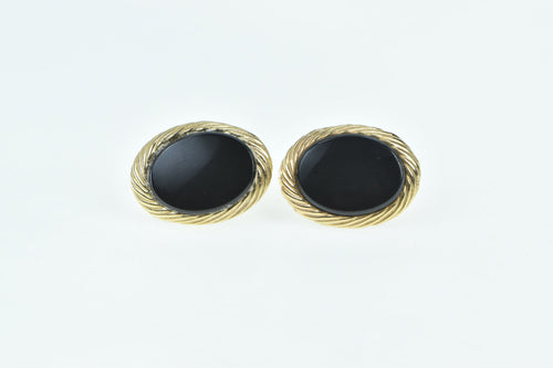 14K Oval Black Onyx Vintage Retro Statement Stud Earrings Yellow Gold