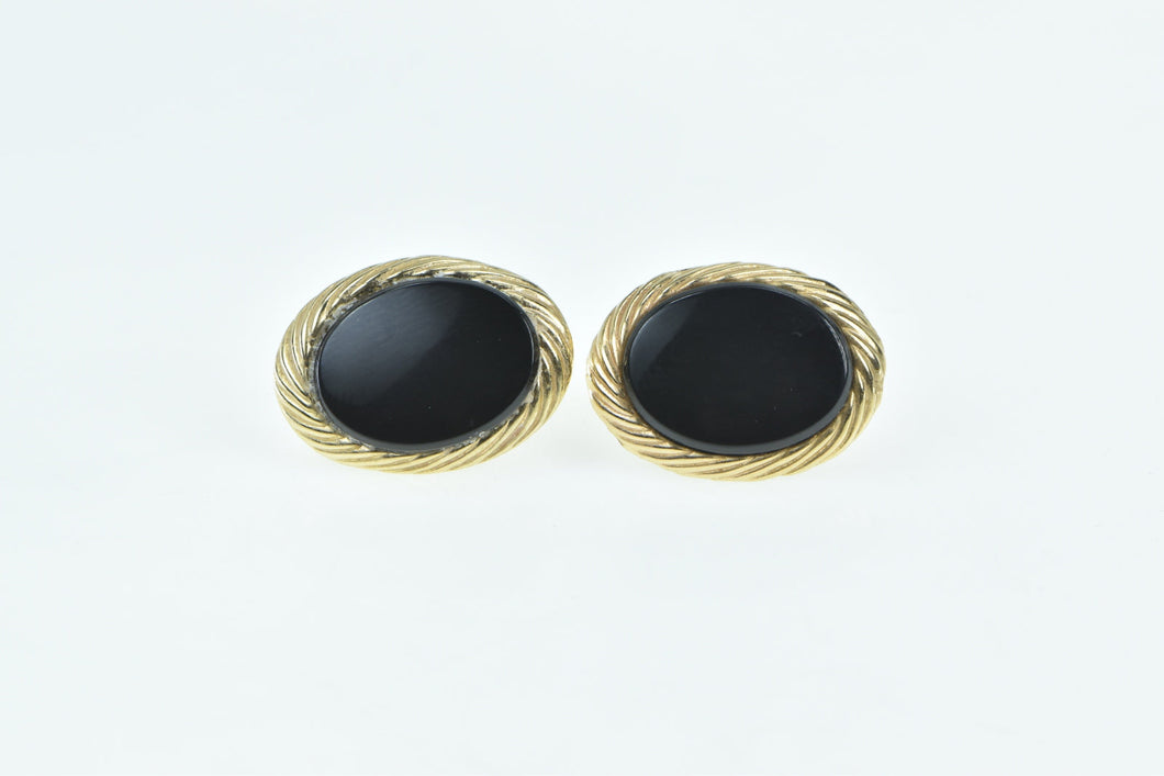 14K Oval Black Onyx Vintage Retro Statement Stud Earrings Yellow Gold