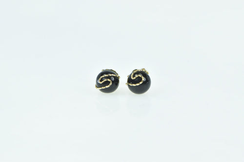 14K Round Black Onyx Sphere Swirl Vintage Stud Earrings Yellow Gold