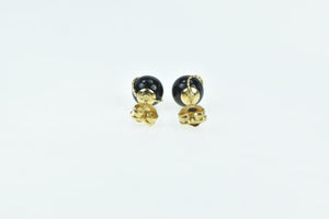 14K Round Black Onyx Sphere Swirl Vintage Stud Earrings Yellow Gold