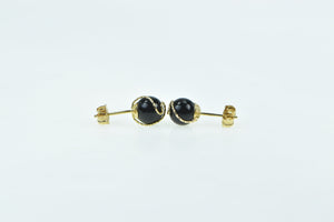 14K Round Black Onyx Sphere Swirl Vintage Stud Earrings Yellow Gold