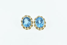 Load image into Gallery viewer, 14K Oval Blue Topaz Vintage Twist Trim Statement Stud Earrings Yellow Gold