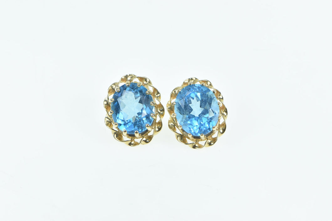 14K Oval Blue Topaz Vintage Twist Trim Statement Stud Earrings Yellow Gold