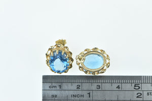 14K Oval Blue Topaz Vintage Twist Trim Statement Stud Earrings Yellow Gold