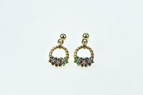 14K Emerald Ruby Flower Diamond Sapphire Dangle Earrings Yellow Gold