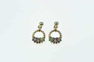 14K Emerald Ruby Flower Diamond Sapphire Dangle Earrings Yellow Gold