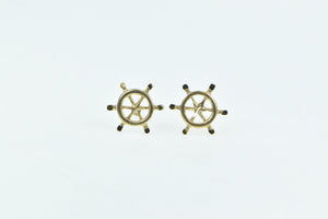 14K Ship Wheel Nautical Direction Motif Stud Earrings Yellow Gold