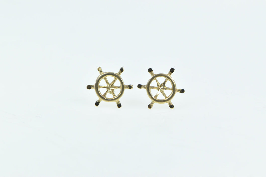 14K Ship Wheel Nautical Direction Motif Stud Earrings Yellow Gold